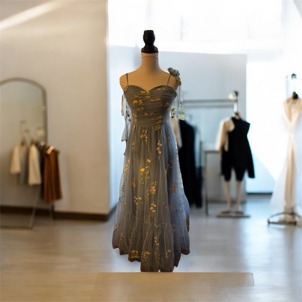 Floral Embroidered Blue Dress - Picture 5 of 11